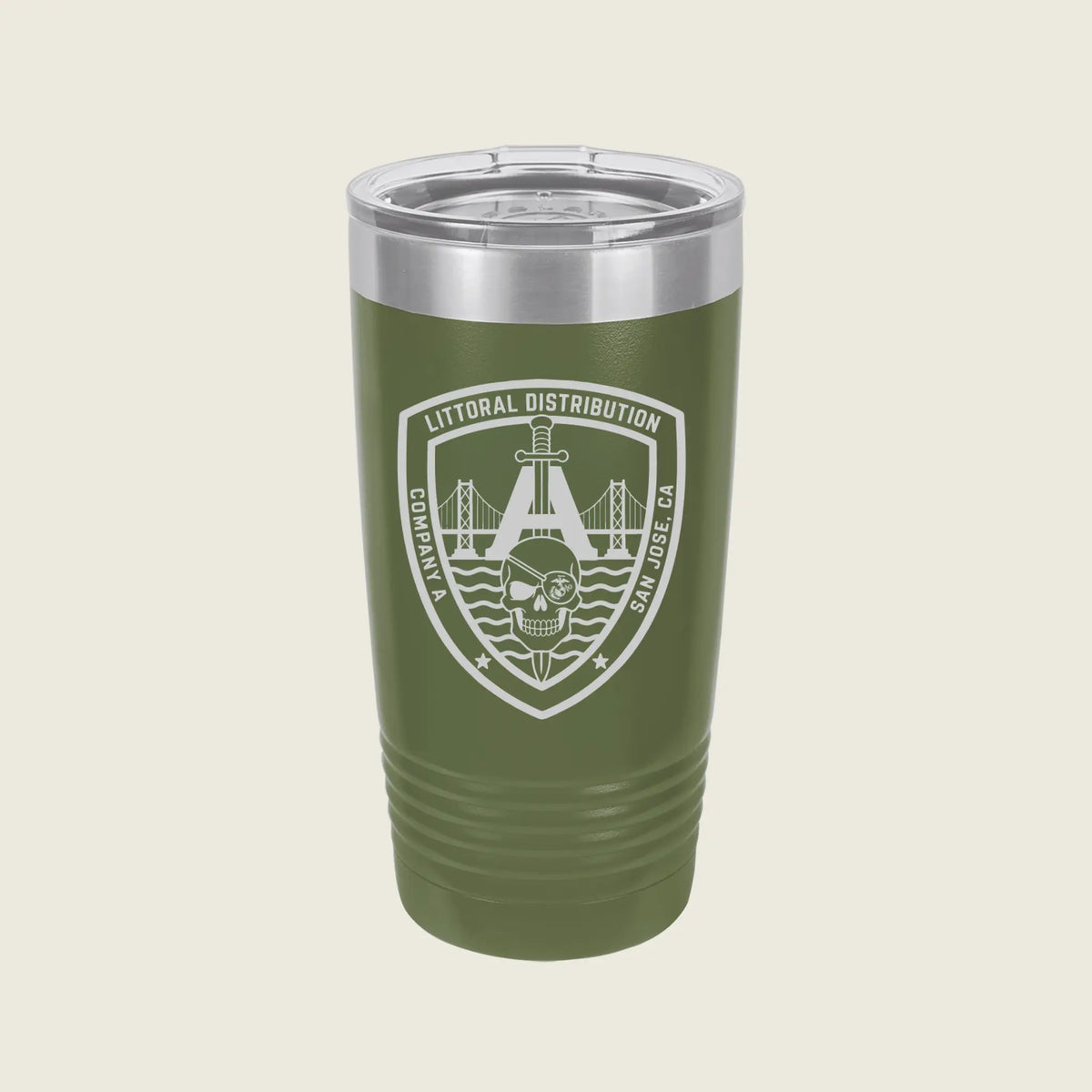 An olive green insulated tumbler with a clear lid and a white Littoral Distribution shield logo on the front, set against a light beige background.