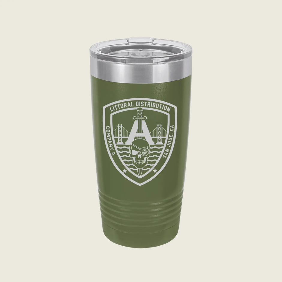 An olive green insulated tumbler with a clear lid and a white Littoral Distribution shield logo on the front, set against a light beige background.