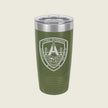 An olive green insulated tumbler with a clear lid and a white Littoral Distribution shield logo on the front, set against a light beige background.
