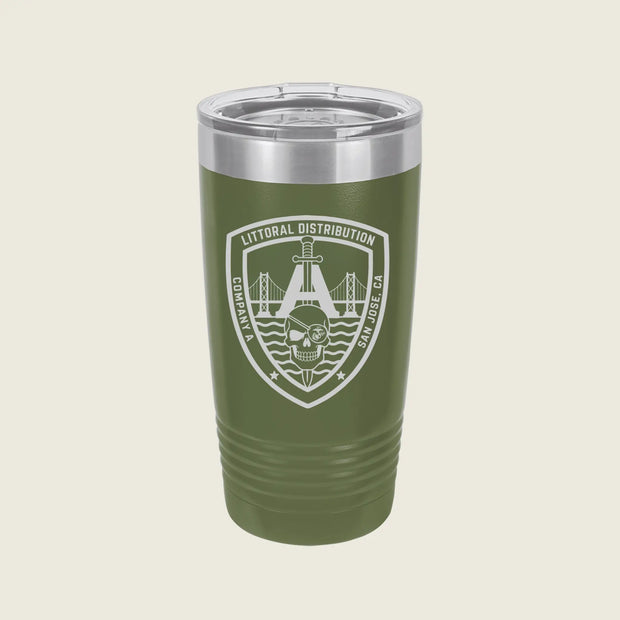 An olive green insulated tumbler with a clear lid and a white Littoral Distribution shield logo on the front, set against a light beige background.