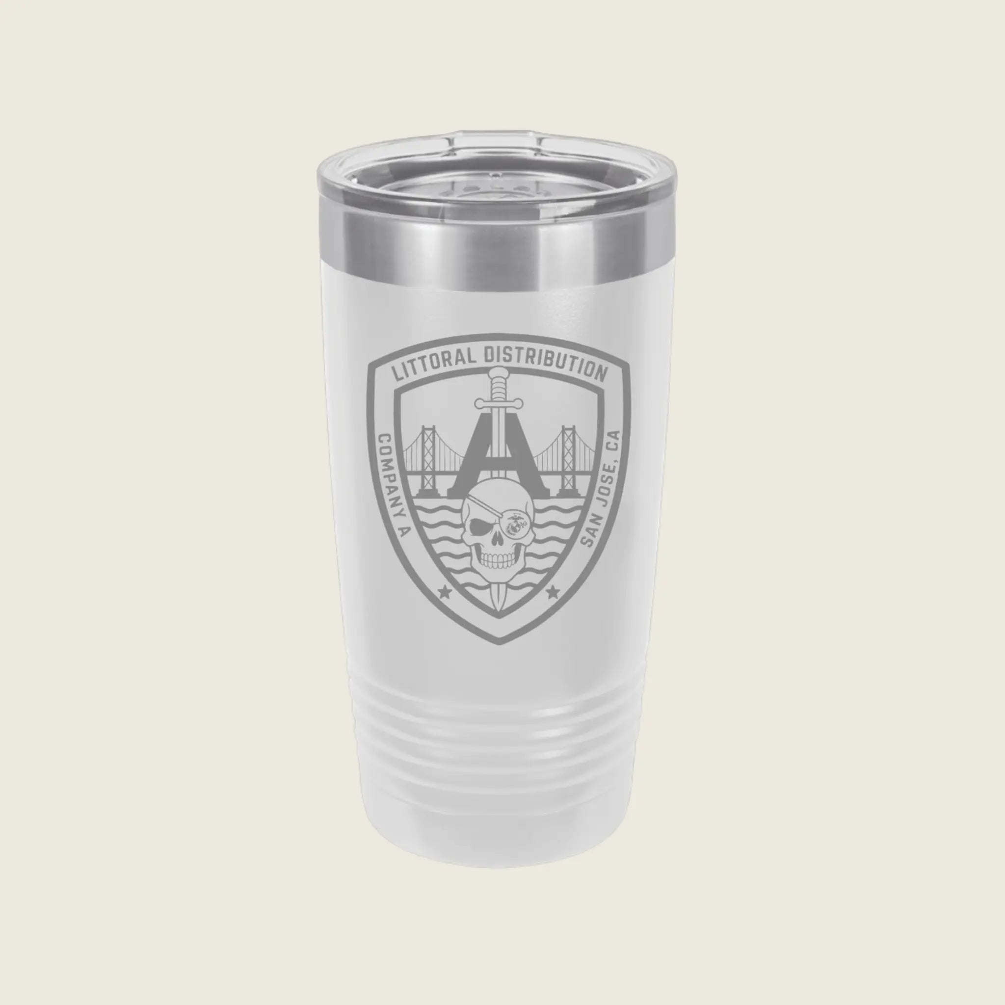 A frosted white travel tumbler with a clear lid and a gray Littoral Distribution shield logo on the front, set against a solid light beige background.