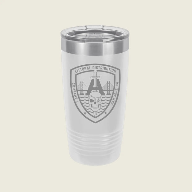 A frosted white travel tumbler with a clear lid and a gray Littoral Distribution shield logo on the front, set against a solid light beige background.