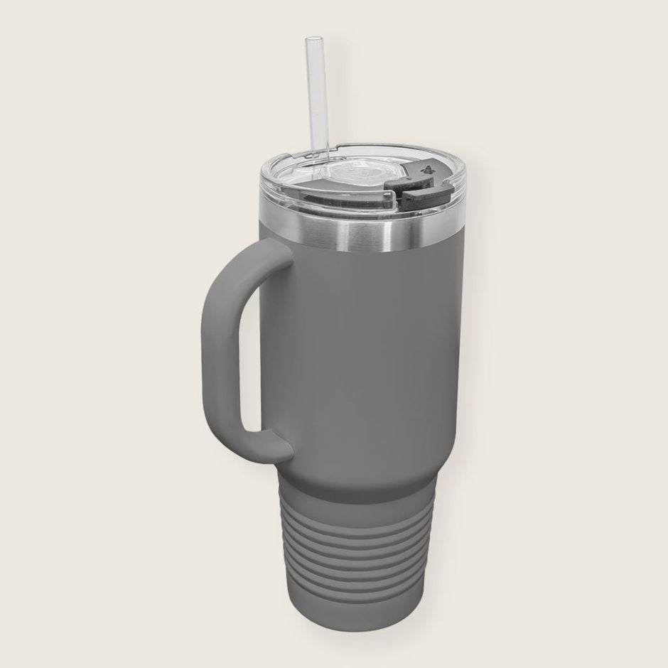 gray travel mug display