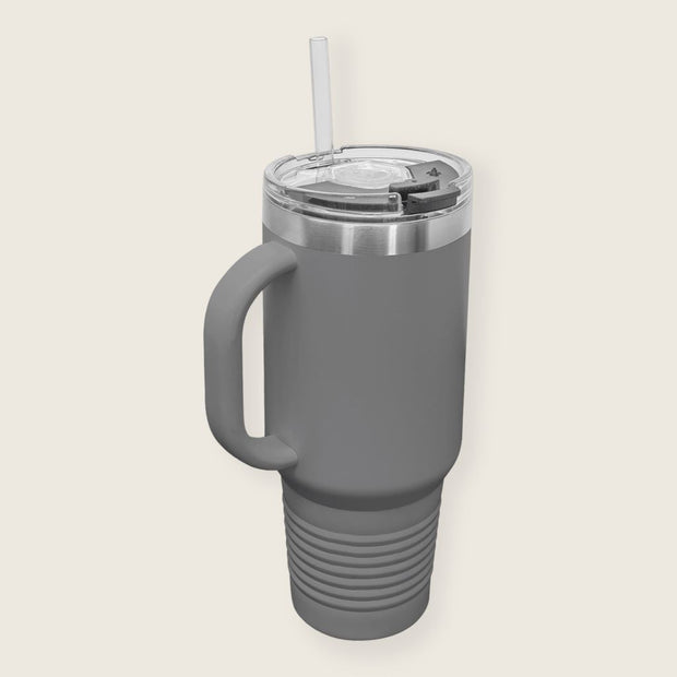 gray travel mug display