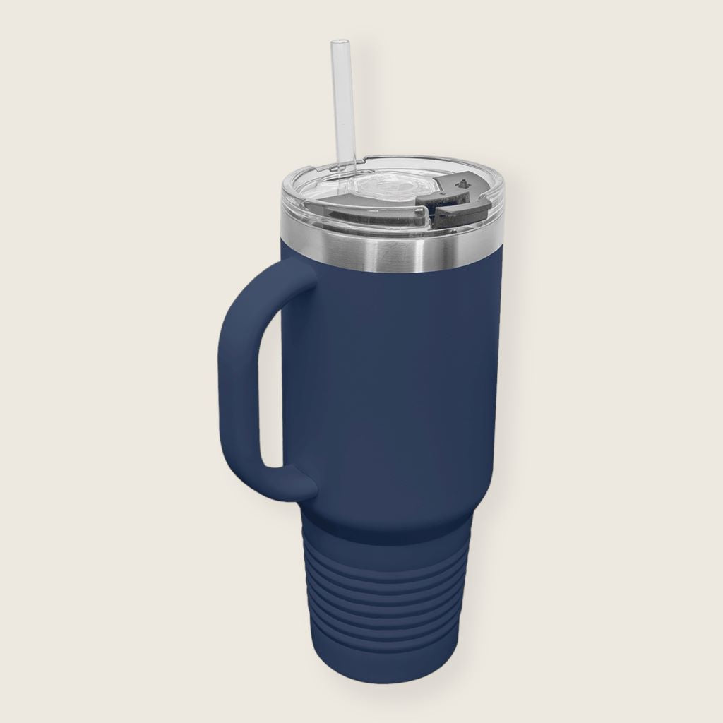 navy blue travel mug display
