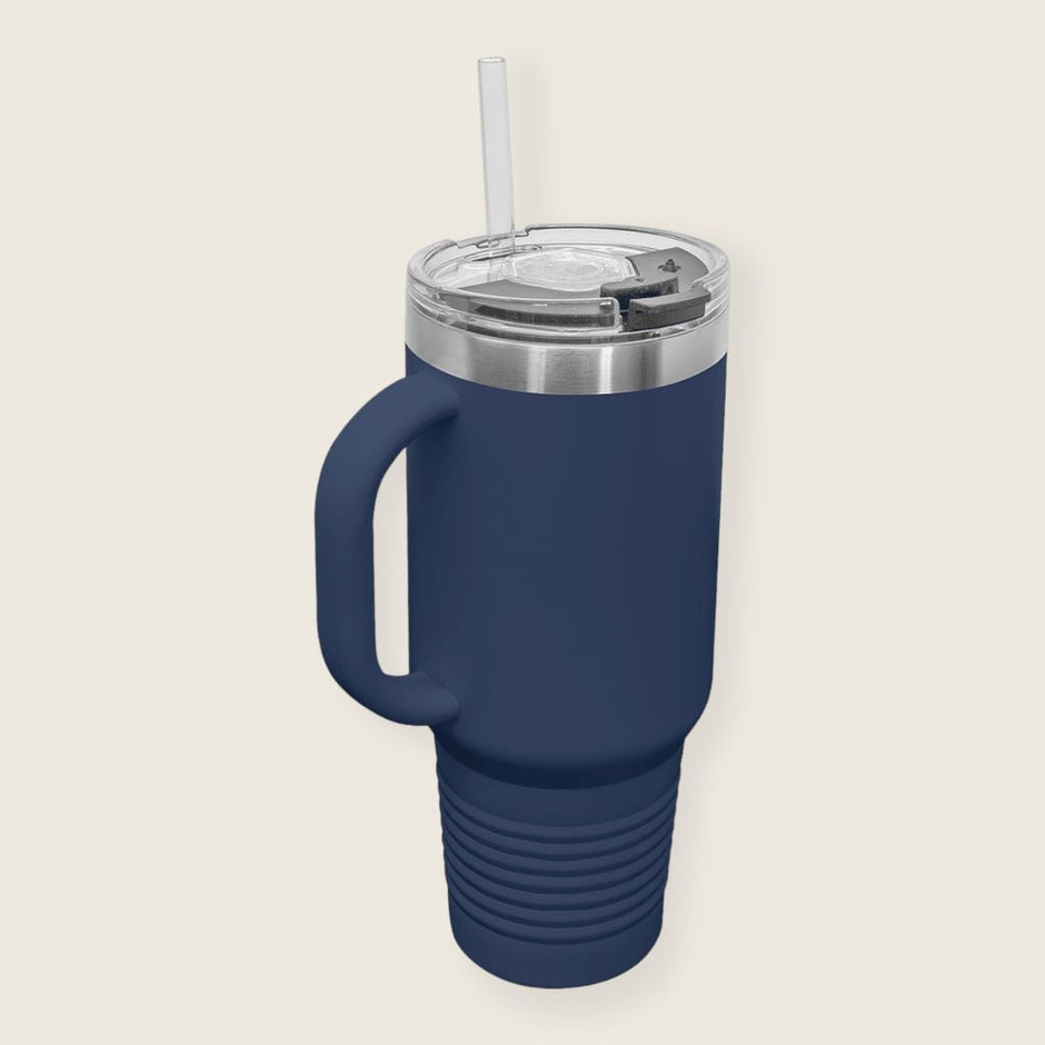navy blue travel mug display