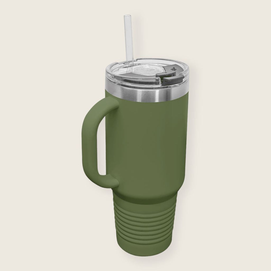 military green travel mug display