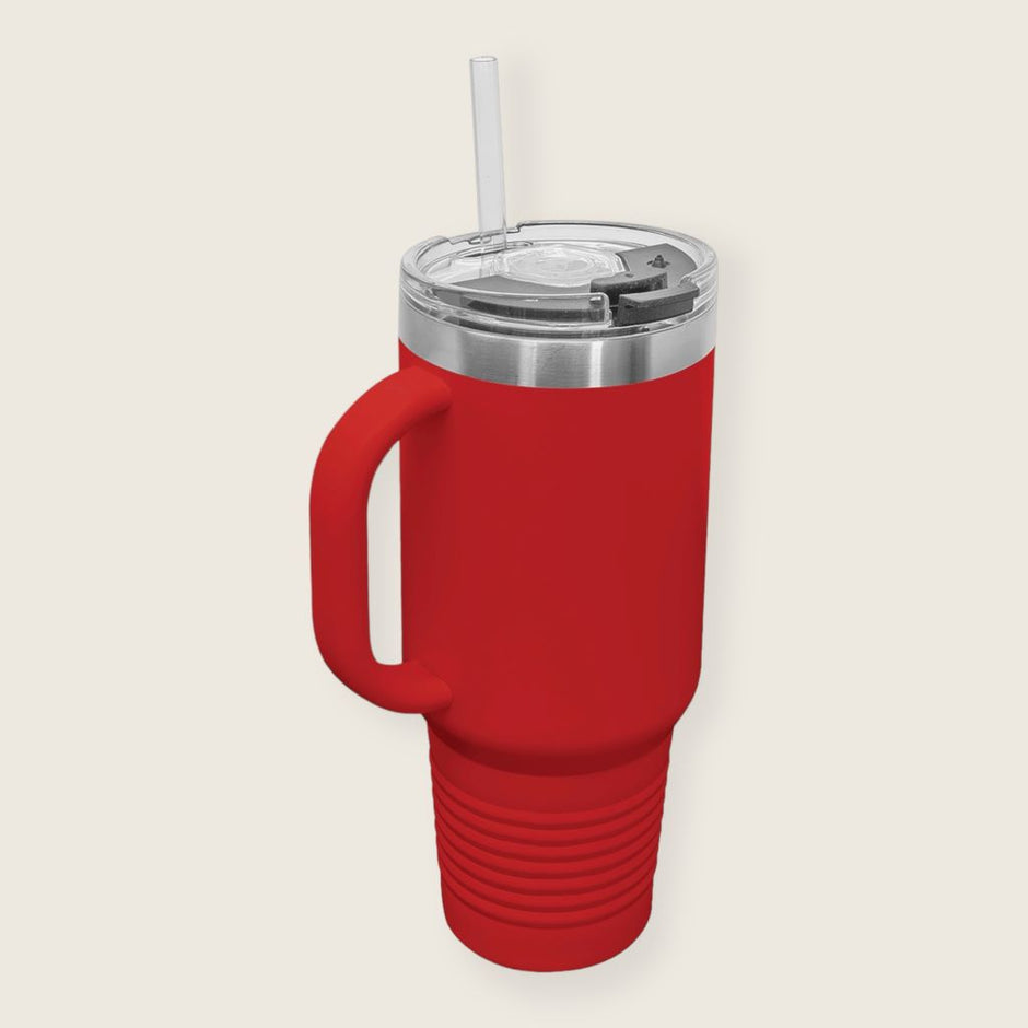 red travel mug display