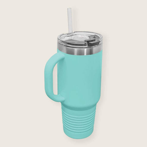teal travel mug display
