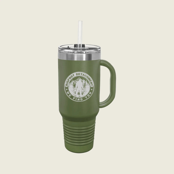 green travel mug with bigfoot logo engraved