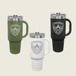 Three insulated handled tumblers with straws on a light beige background: one olive green, one black, and one white. 