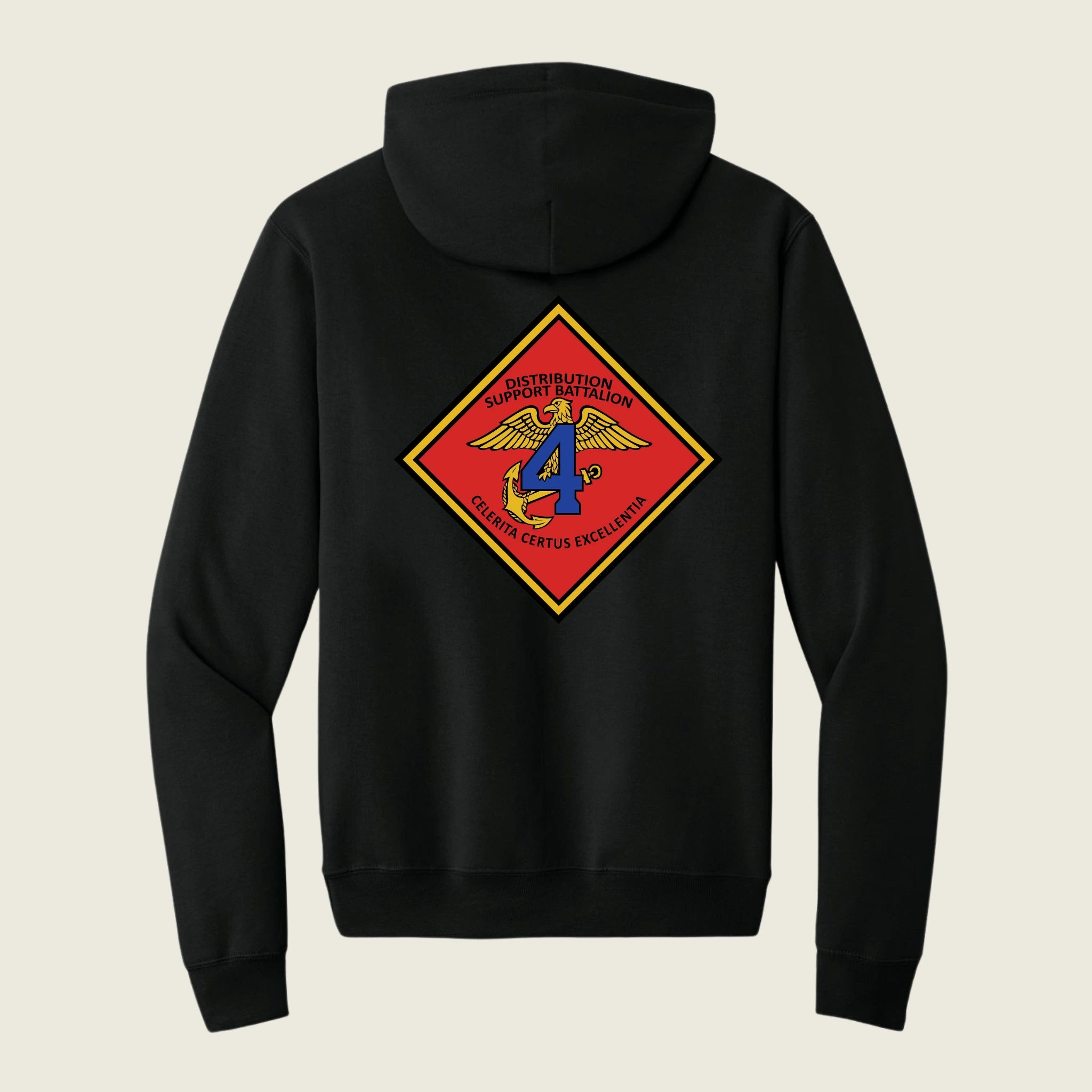 Black hoodie with a red and yellow emblem on the back against a beige background