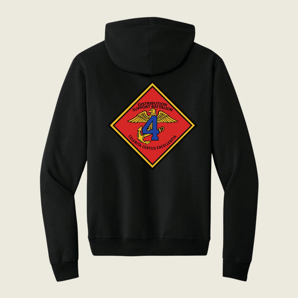 Black hoodie with a red and yellow emblem on the back against a beige background