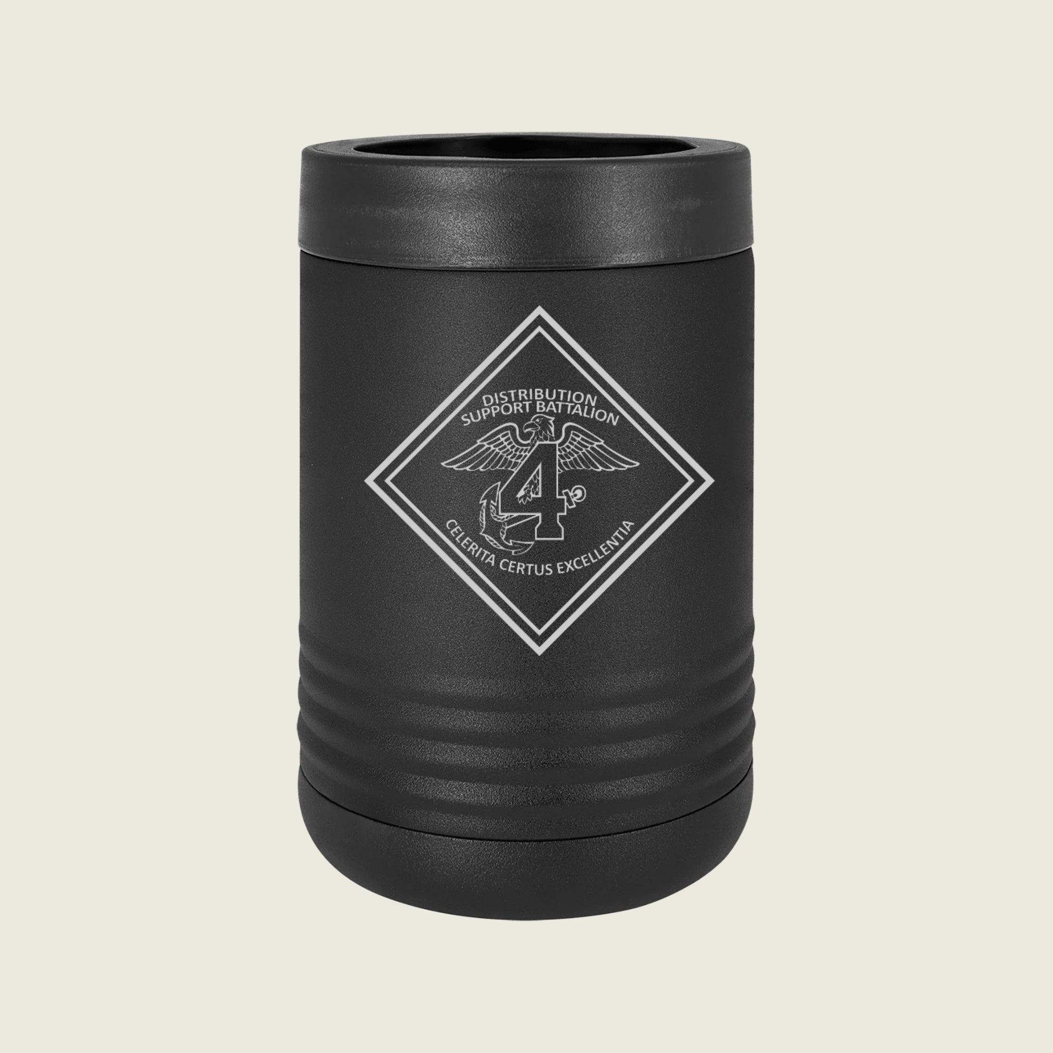 Black can cooler with a logo on a beige background
