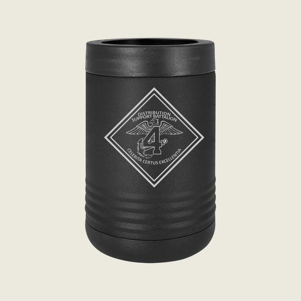 Black can cooler with a logo on a beige background