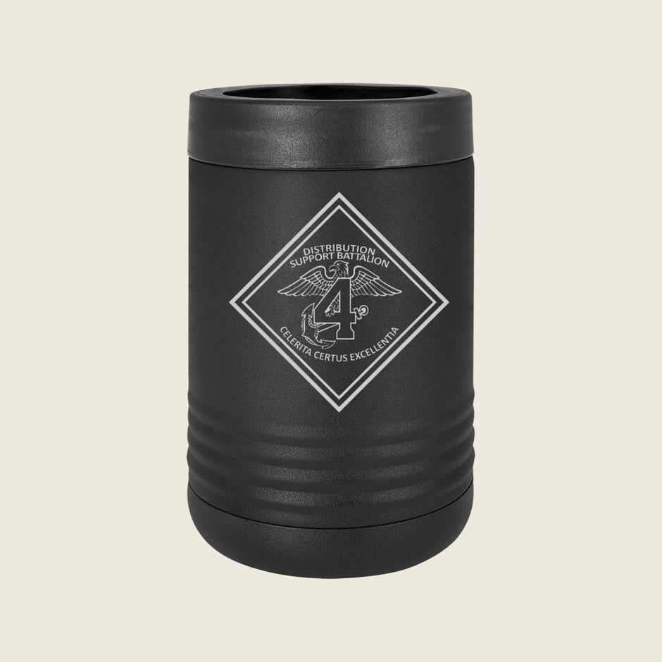 Black can cooler with a logo on a beige background