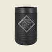 Black can cooler with a logo on a beige background
