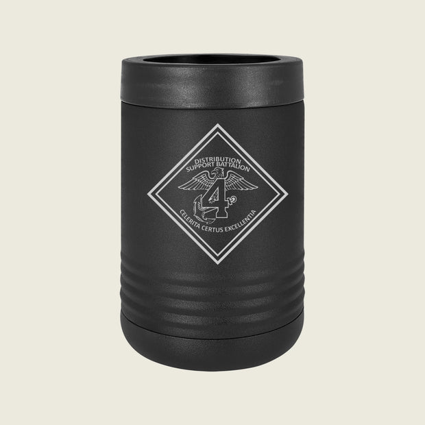 Black can cooler with a logo on a beige background