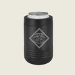 Black can cooler with a logo on a beige background