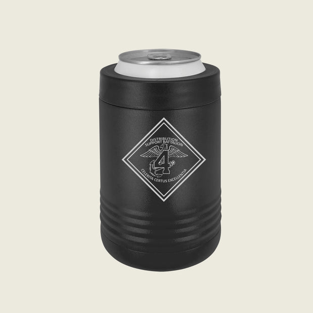 Black can cooler with a logo on a beige background