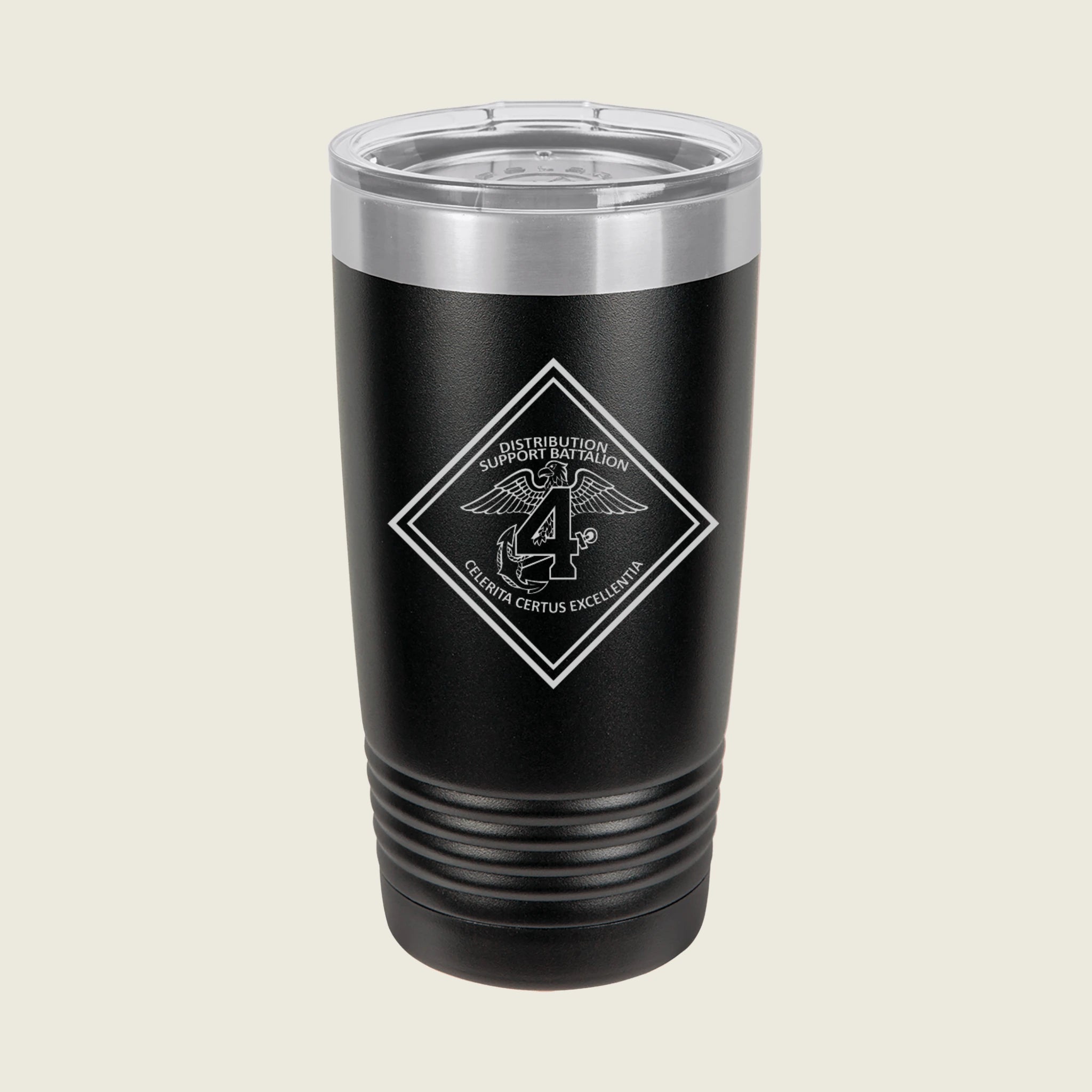 Black insulated tumbler with a logo on a beige background