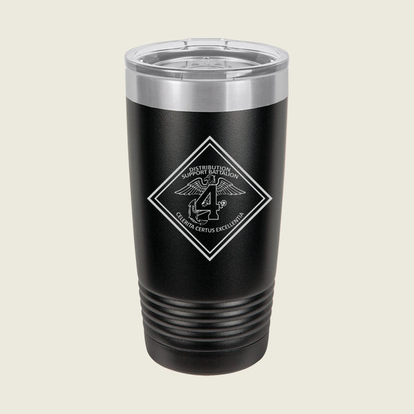 Black insulated tumbler with a logo on a beige background