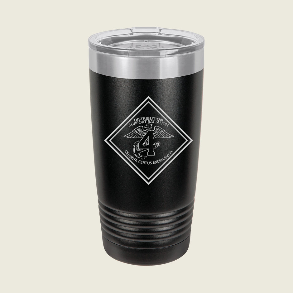 Black insulated tumbler with a logo on a beige background