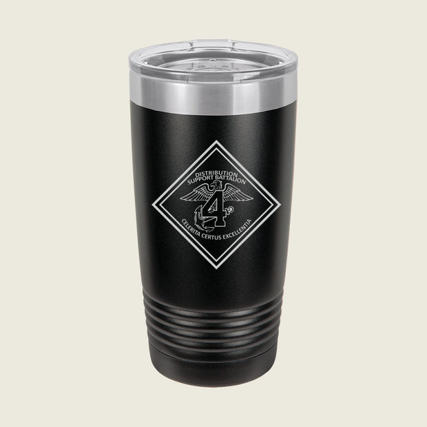 Black insulated tumbler with a logo on a beige background
