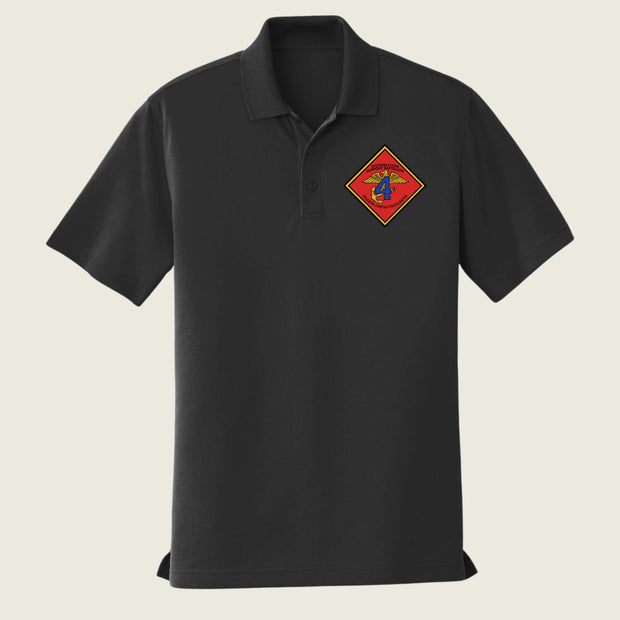 Black polo shirt with a colorful logo on a beige background