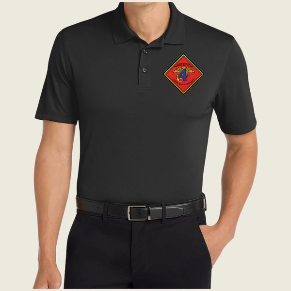 Black polo shirt with a red and yellow emblem on a beige background