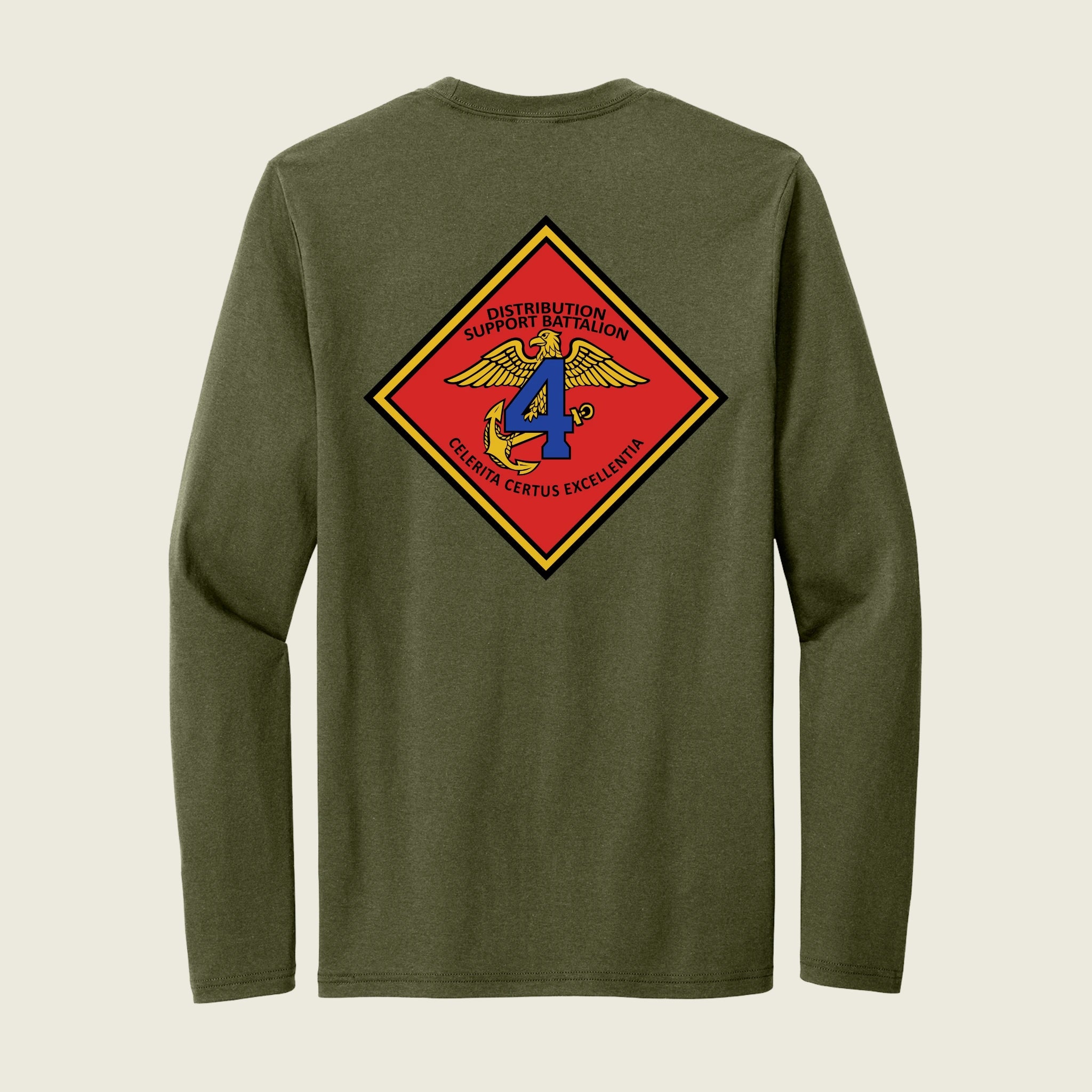 Green long-sleeve shirt with a red and yellow emblem on the back against a beige background