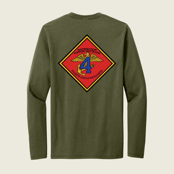 Green long-sleeve shirt with a red and yellow emblem on the back against a beige background
