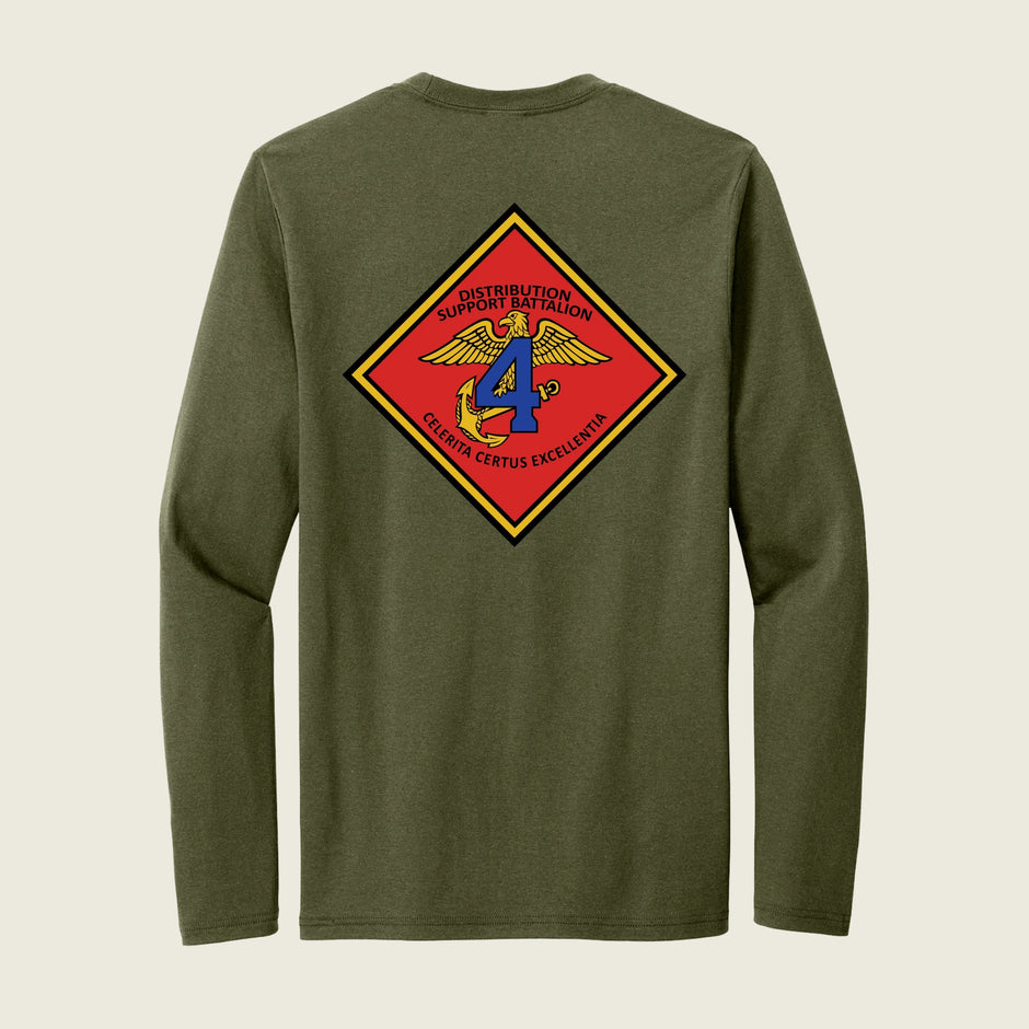 Green long-sleeve shirt with a red and yellow emblem on the back against a beige background