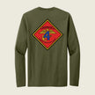 Green long-sleeve shirt with a red and yellow emblem on the back against a beige background