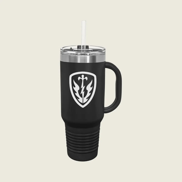 black mug with a silver logo engraved on the front