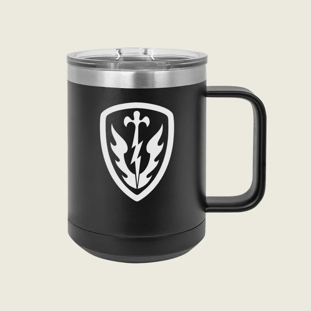 black mug with a silver logo engraved on the front 