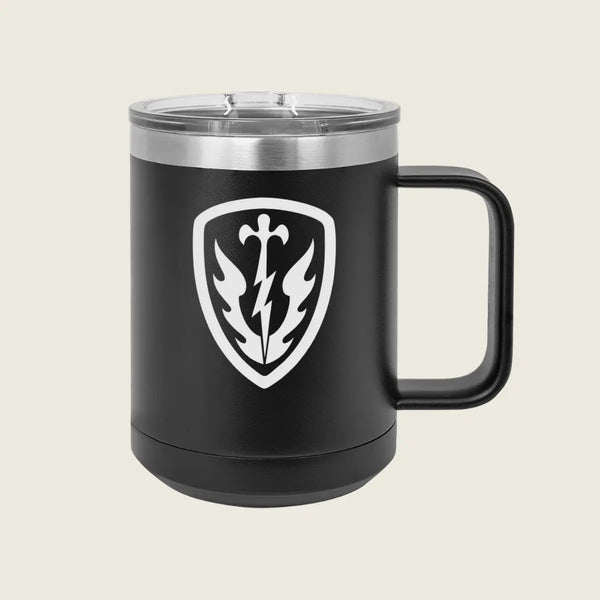 black mug with a silver logo engraved on the front 