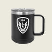 black mug with a silver logo engraved on the front 