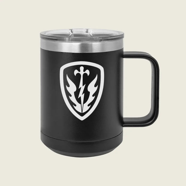 black mug with a silver logo engraved on the front 