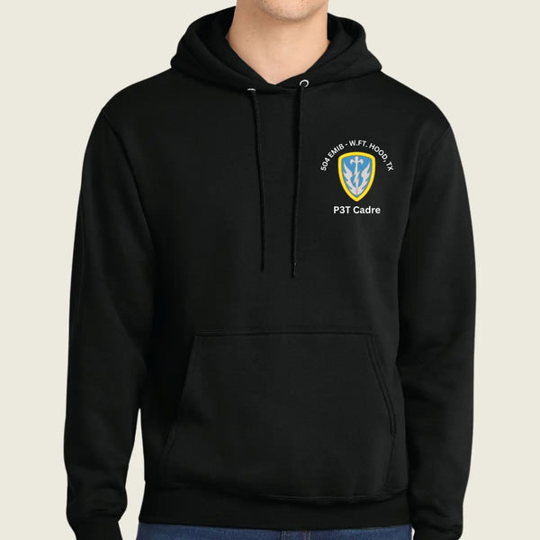 A black pullover hoodie worn by a model, featuring a custom school crest printed on the left chest with the text  and 'P3T Cadre'.
