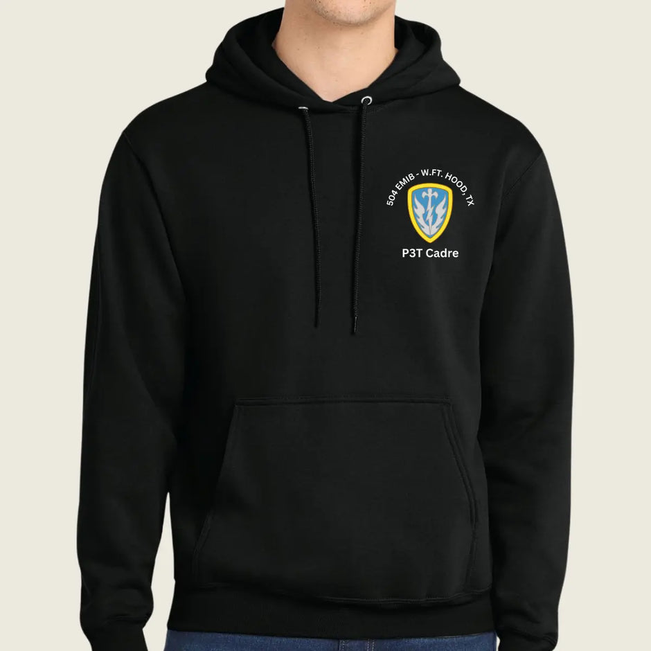 A black pullover hoodie worn by a model, featuring a custom school crest printed on the left chest with the text  and 'P3T Cadre'.