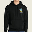 A black pullover hoodie worn by a model, featuring a custom school crest printed on the left chest with the text  and 'P3T Cadre'.