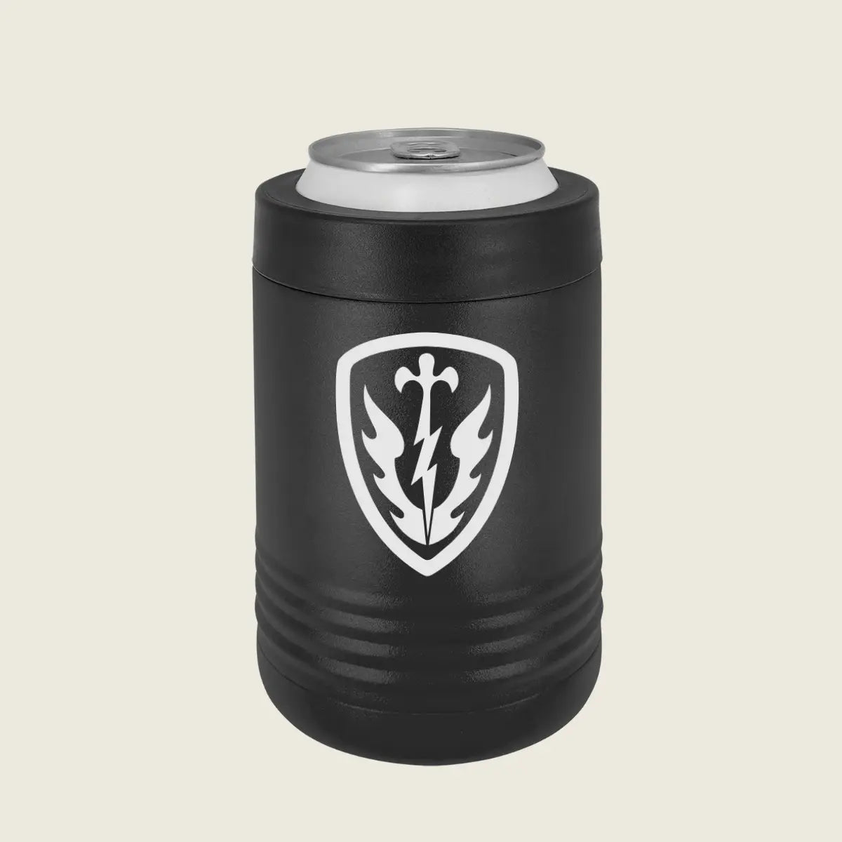 black can cooler with logo engraved on the front
