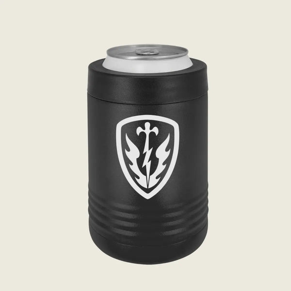 black can cooler with logo engraved on the front