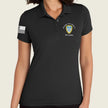 A woman wearing a black short-sleeve polo shirt with a black-and-white American flag patch on the right sleeve and a military-style crest on the left chest reading P3T Cadre.
