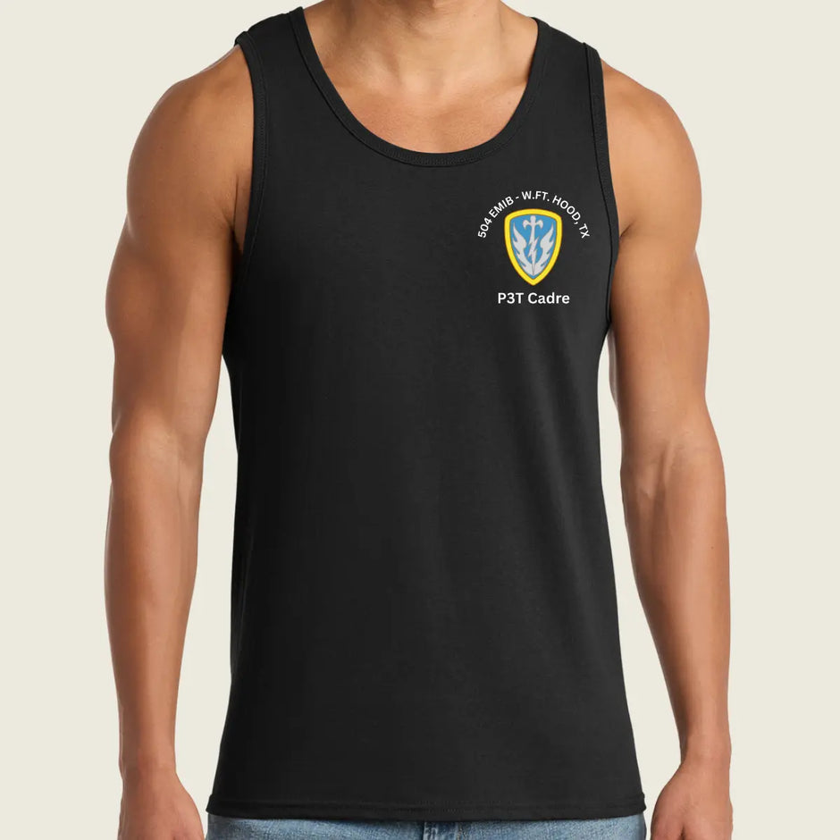 A black sleeveless tank top worn by a model, featuring a small chest graphic with a blue and yellow shield and the text 
P3T Cadre