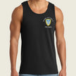 A black sleeveless tank top worn by a model, featuring a small chest graphic with a blue and yellow shield and the text 
P3T Cadre