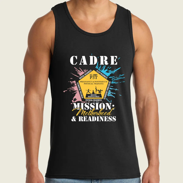A man wearing a black tank top with a colorful graphic print on the front. The graphic features the text 'CADRE MISSION: Motherhood & Readiness' in white, yellow, and blue, with a central shield emblem.