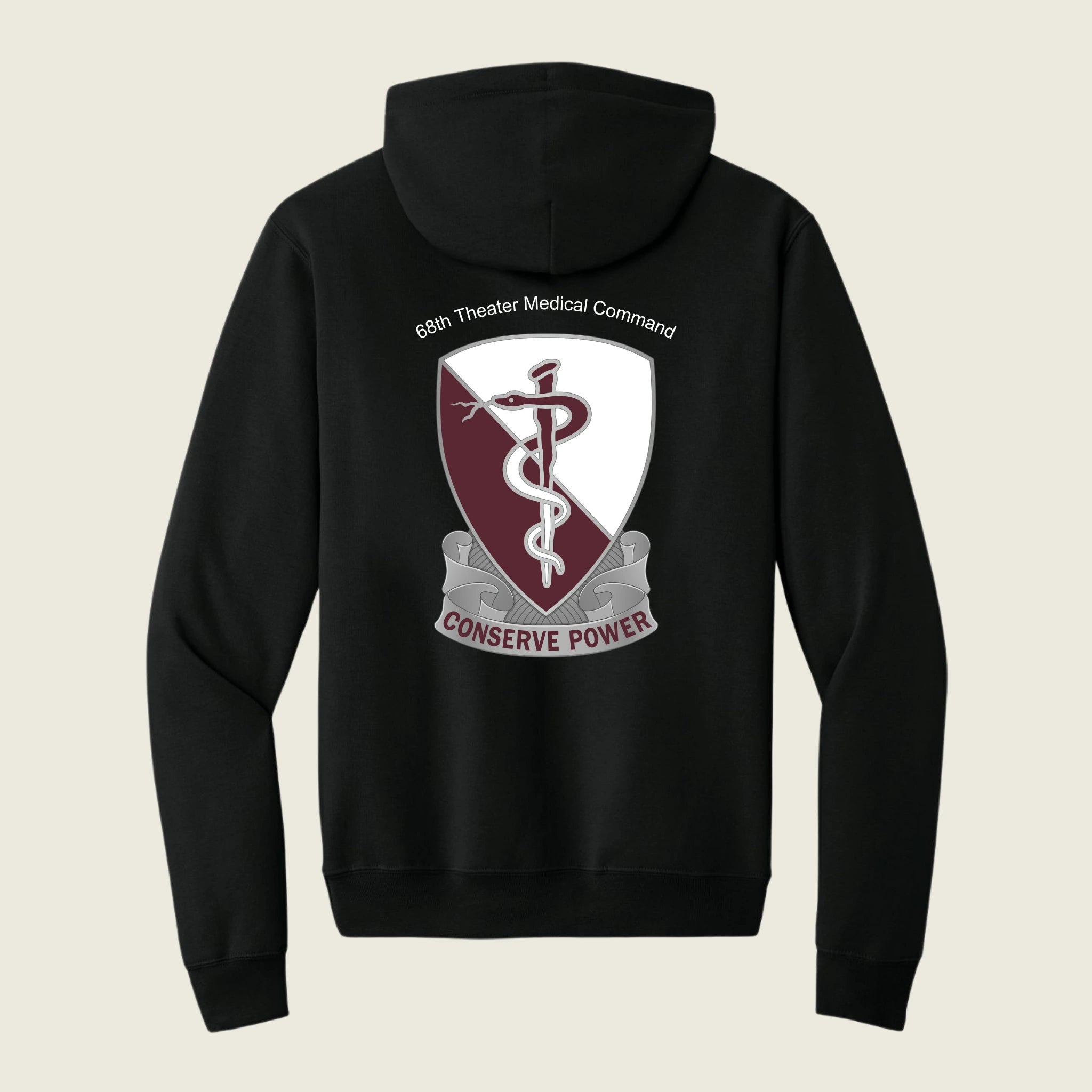 68th theater command logo printed on back of a black hoodie