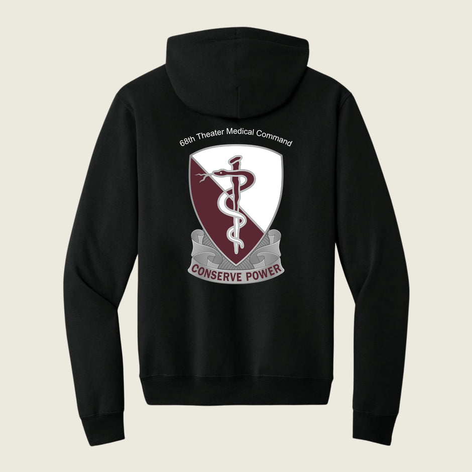 68th theater command logo printed on back of a black hoodie